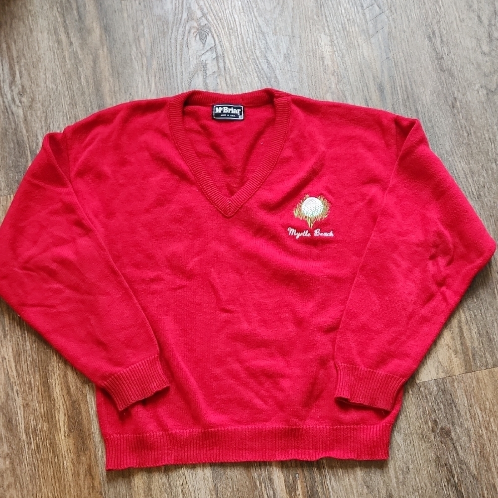 Vintage McBriar Myrtle Beach Golf Sweater V-Neck Red Embroidered Medium USA
